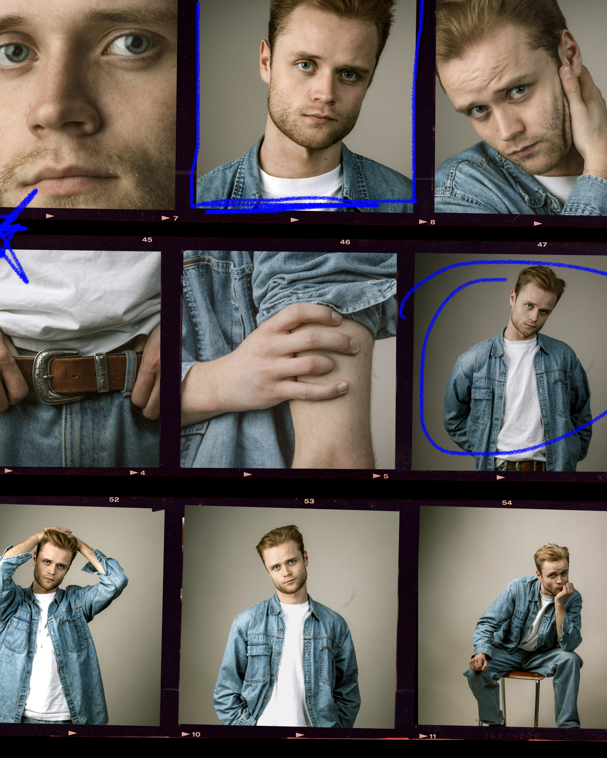 contactsheet med portretter av hovedrolleinnehaver Ulrik Græsli. en ung mann i hvit t-skjorte og åpen blå denimskjorte utenpå. Nærbilder av ansikt, detaljer, halvfigur